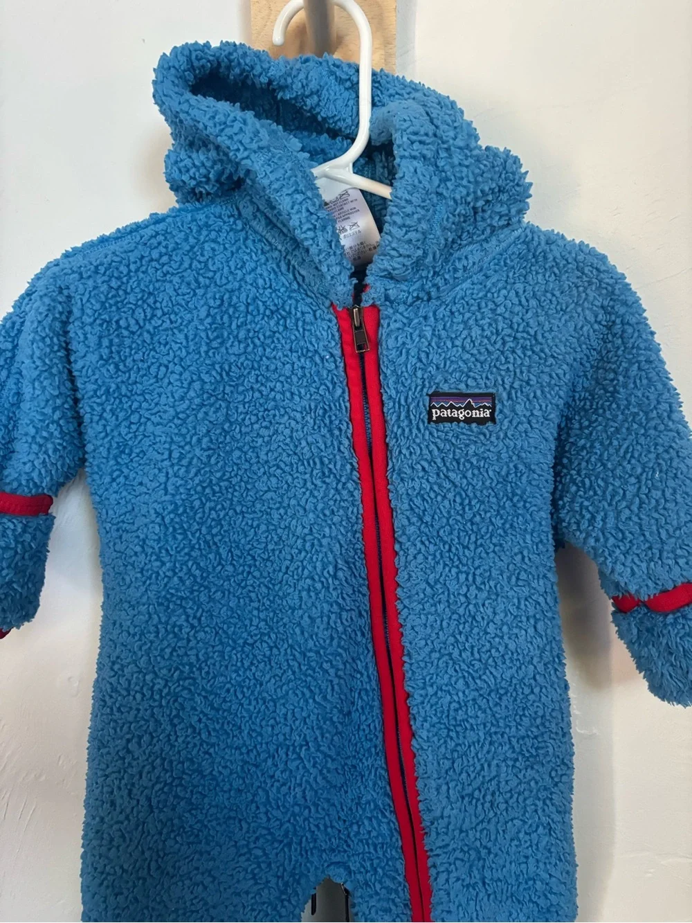Patagonia Baby Fleece Bunting Size 3M Blue Red Hooded Footed